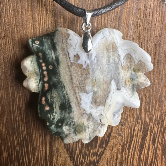 Ocean Jasper Leaf Pendant Necklace on Black Rope - Picture 3 of 10